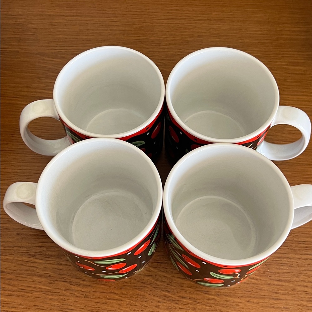 🍒Mary Engelbreit Cherry Patterned Black and Red set of 4 Mugs 🍒 no chips/cracks - Picture 2 of 4